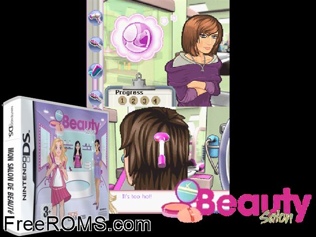 Beauty Salon Europe NDS game showing 3D box cover and gameplay screenshot