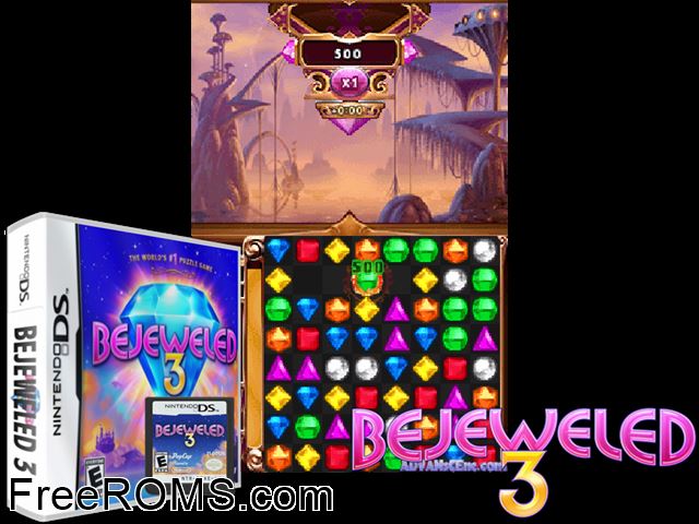 Bejeweled 3 NDS game showing 3D box cover and gameplay screenshot