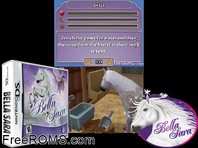 Bella Sara NDS game showing 3D box cover and gameplay screenshot