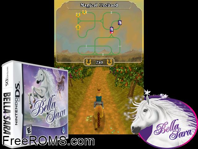 Bella Sara Europe NDS game showing 3D box cover and gameplay screenshot
