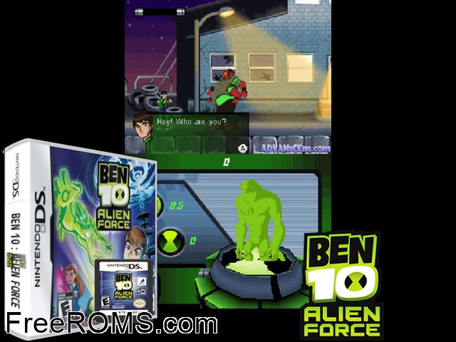 Ben 10 - Alien Force NDS game showing 3D box cover and gameplay screenshot