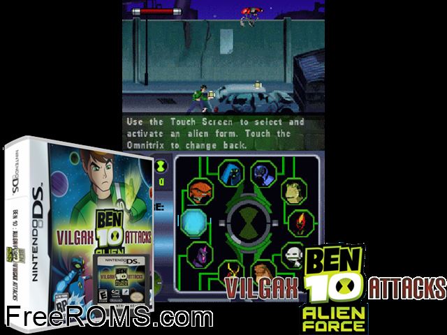 Ben 10 - Alien Force - Vilgax Attacks NDS game showing 3D box cover and gameplay screenshot