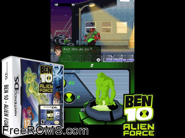 Ben 10 - Alien Force Europe NDS game showing 3D box cover and gameplay screenshot