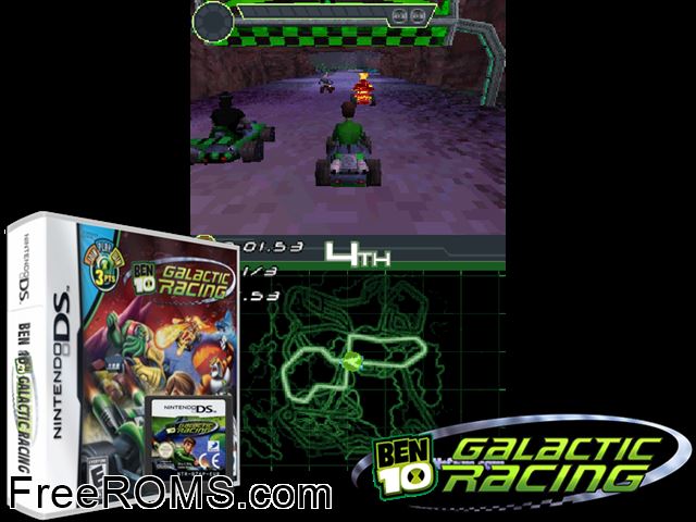 Ben 10 - Galactic Racing NDS game showing 3D box cover and gameplay screenshot