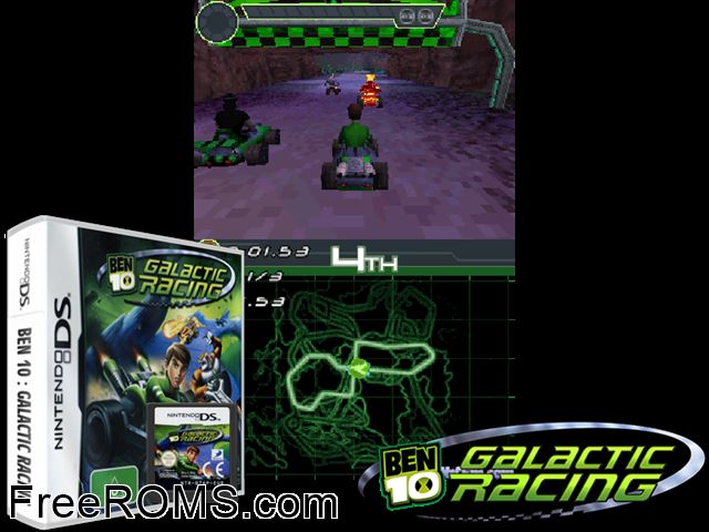 Ben 10 - Galactic Racing Europe NDS game showing 3D box cover and gameplay screenshot