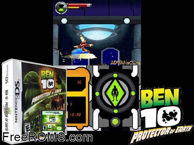 Ben 10 - Protector of Earth NDS game showing 3D box cover and gameplay screenshot