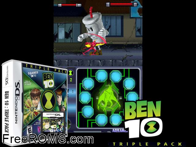 Ben 10 - Triple Pack NDS game showing 3D box cover and gameplay screenshot