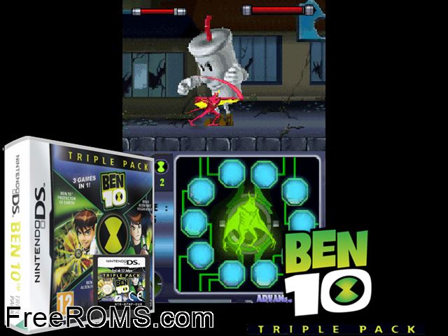 Ben 10 - Triple Pack Europe NDS game showing 3D box cover and gameplay screenshot