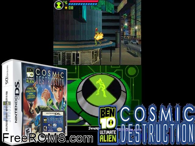 Ben 10 - Ultimate Alien - Cosmic Destruction NDS game showing 3D box cover and gameplay screenshot