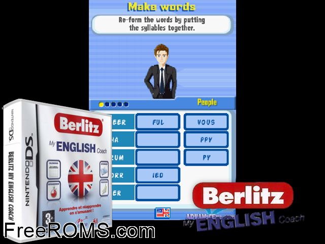 Berlitz - My English Coach Europe NDS game showing 3D box cover and gameplay screenshot