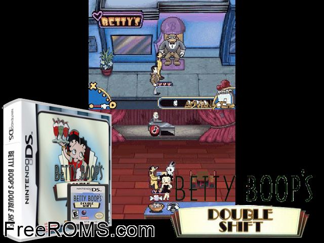 Betty Boops Double Shift Europe NDS game showing 3D box cover and gameplay screenshot