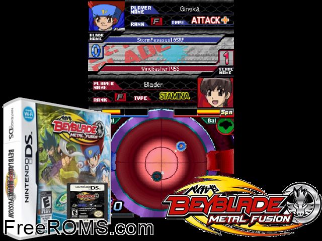 Beyblade - Metal Fusion NDS game showing 3D box cover and gameplay screenshot
