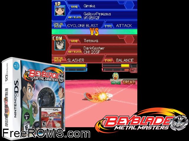 Beyblade - Metal Masters - Nightmare Rex Europe NDS game showing 3D box cover and gameplay screenshot