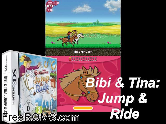 Bibi and Tina - Jump and Ride Germany NDS game showing 3D box cover and gameplay screenshot