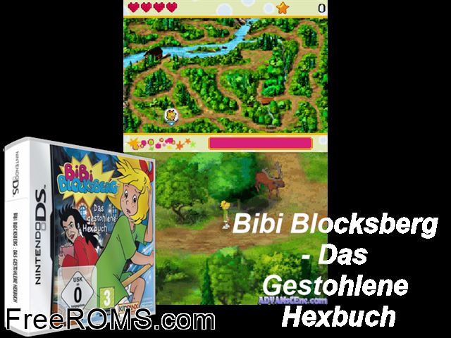 Bibi Blocksberg - Das Gestohlene Hexbuch Germany NDS game showing 3D box cover and gameplay screenshot