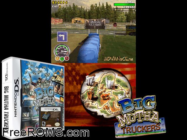 Big Mutha Truckers Europe NDS game showing 3D box cover and gameplay screenshot