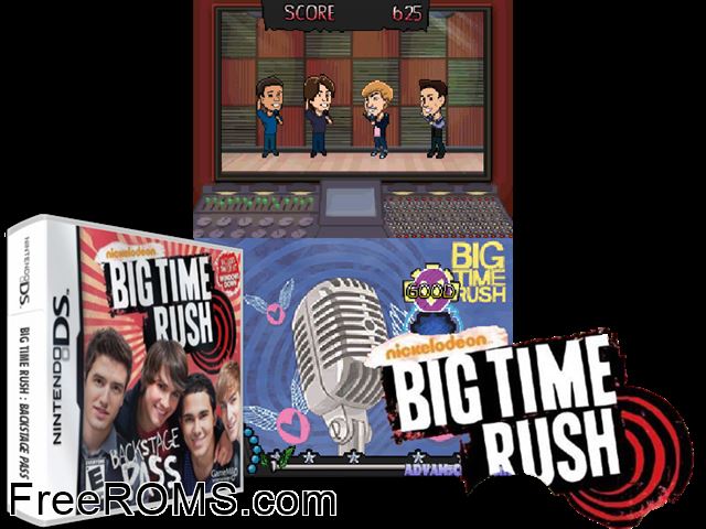 Big Time Rush Backstage Pass NDS game showing 3D box cover and gameplay screenshot