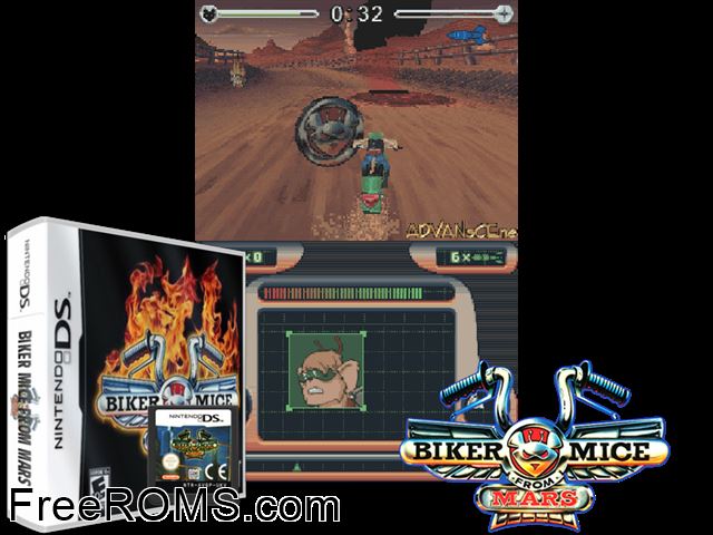 Biker Mice from Mars NDS game showing 3D box cover and gameplay screenshot