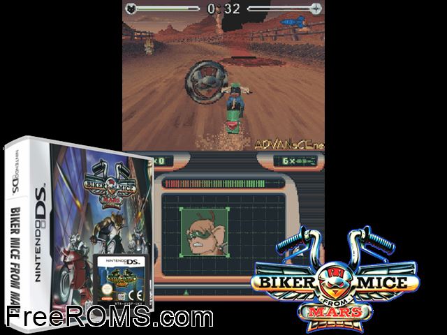 Biker Mice from Mars Europe NDS game showing 3D box cover and gameplay screenshot