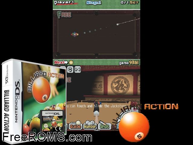 Billiard Action Europe NDS game showing 3D box cover and gameplay screenshot