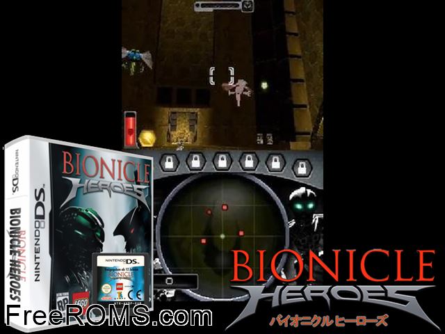 Bionicle Heroes NDS game showing 3D box cover and gameplay screenshot