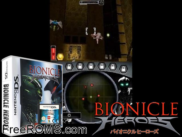 Bionicle Heroes Europe NDS game showing 3D box cover and gameplay screenshot
