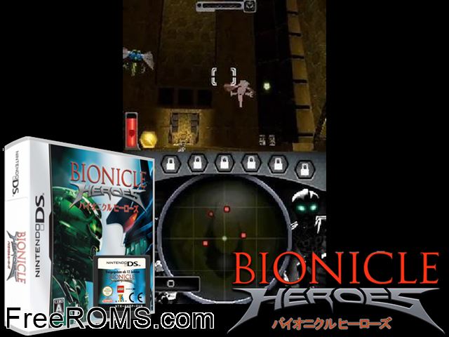 Bionicle Heroes Japan NDS game showing 3D box cover and gameplay screenshot
