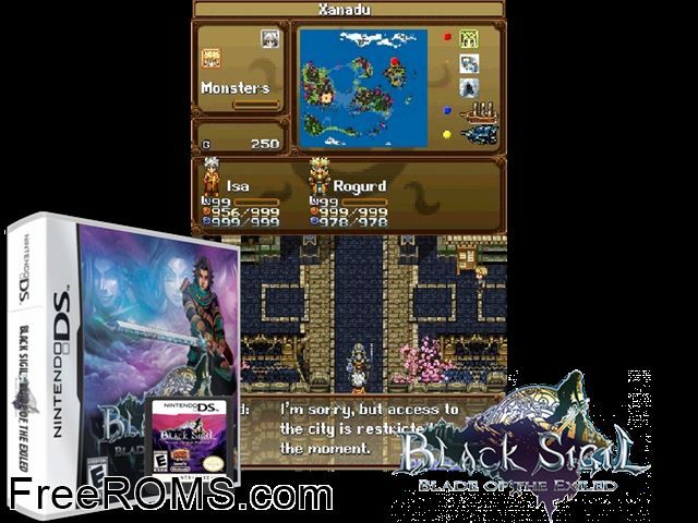 Black Sigil - Blade of the Exiled NDS game showing 3D box cover and gameplay screenshot