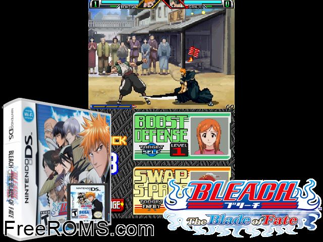 Bleach - The Blade of Fate NDS game showing 3D box cover and gameplay screenshot