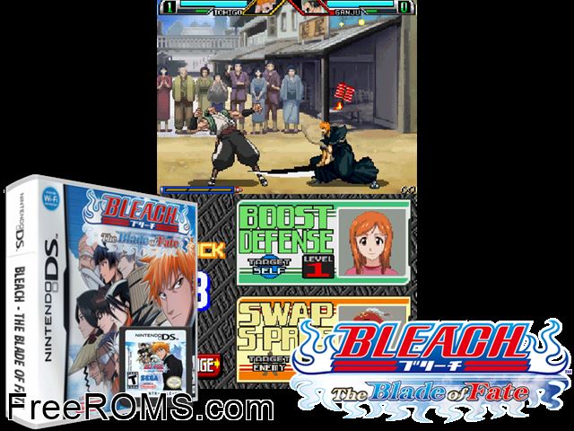 Bleach - The Blade of Fate Europe NDS game showing 3D box cover and gameplay screenshot