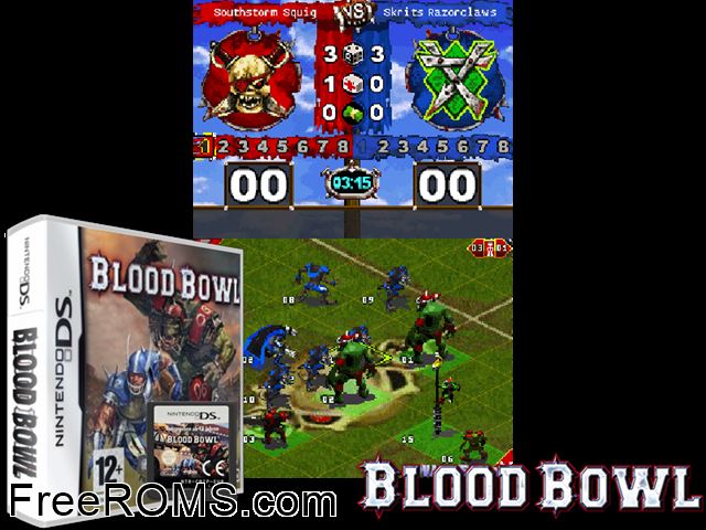 Blood Bowl Europe NDS game showing 3D box cover and gameplay screenshot
