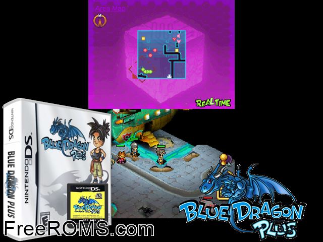 Blue Dragon Plus NDS game showing 3D box cover and gameplay screenshot