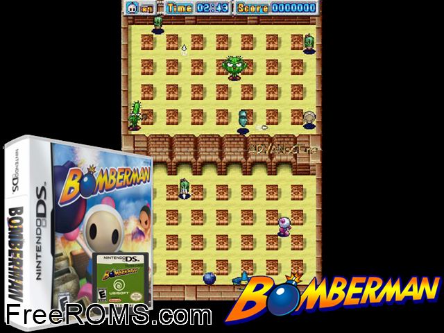 Bomberman NDS game showing 3D box cover and gameplay screenshot