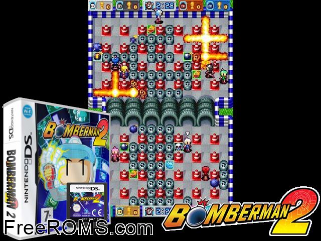 Bomberman 2 Europe NDS game showing 3D box cover and gameplay screenshot