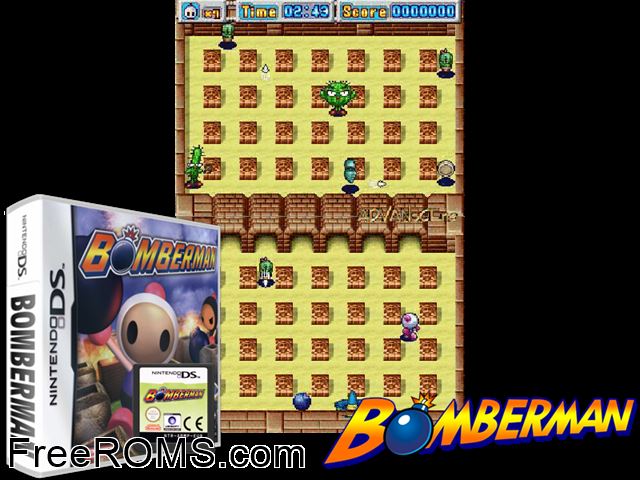 Bomberman Europe NDS game showing 3D box cover and gameplay screenshot