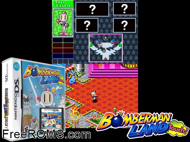 Bomberman Land Touch! NDS game showing 3D box cover and gameplay screenshot