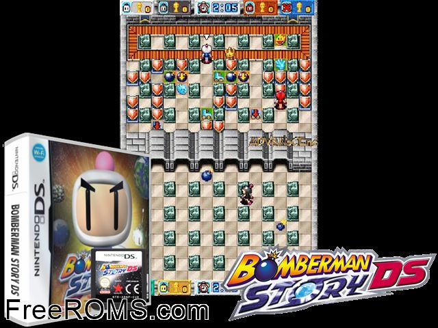 Bomberman Story DS Europe NDS game showing 3D box cover and gameplay screenshot
