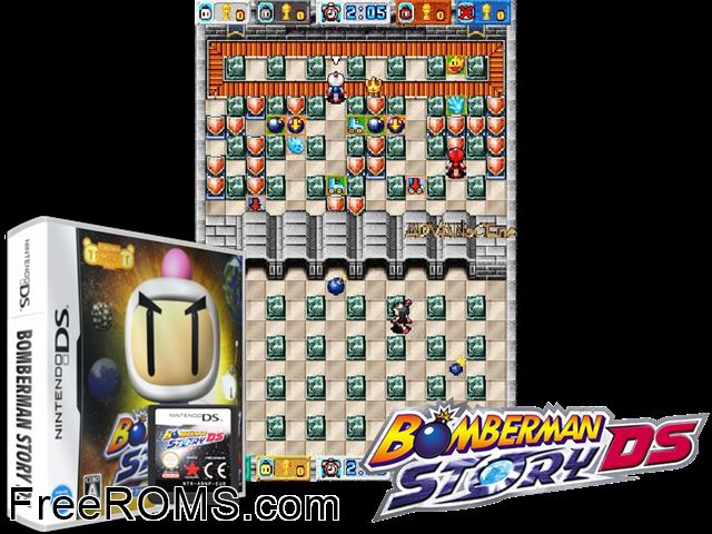 Bomberman Story DS Japan NDS game showing 3D box cover and gameplay screenshot
