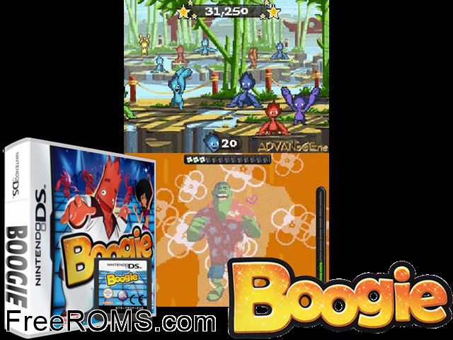 Boogie Europe NDS game showing 3D box cover and gameplay screenshot