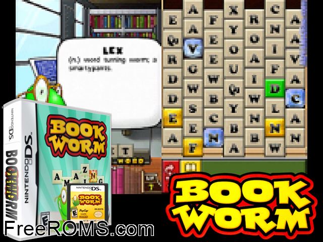 Bookworm NDS game showing 3D box cover and gameplay screenshot