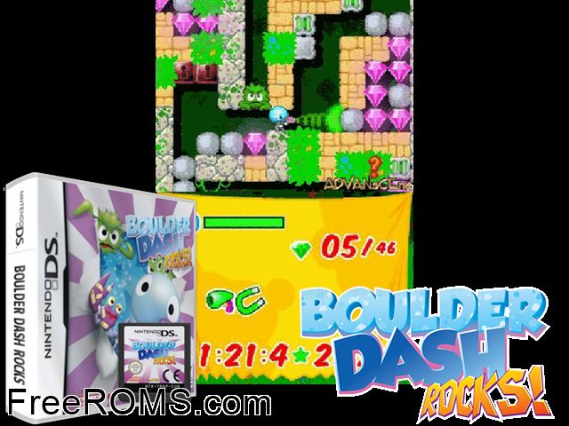 Boulder Dash - Rocks! Europe NDS game showing 3D box cover and gameplay screenshot
