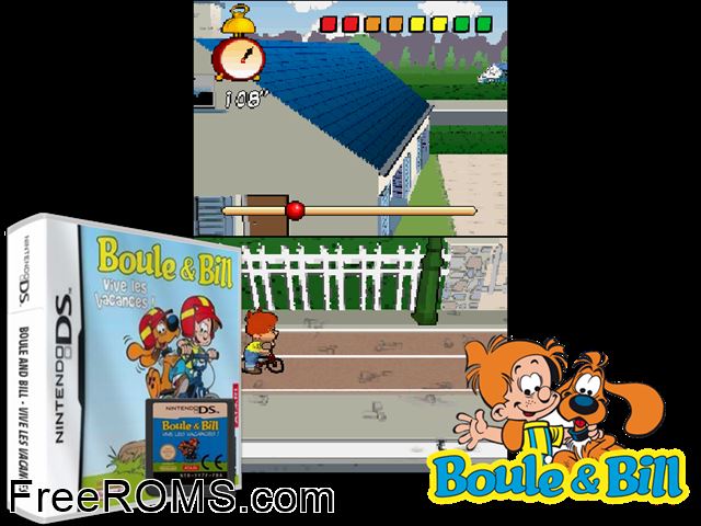 Boule and Bill - Vive les Vacances! France NDS game showing 3D box cover and gameplay screenshot
