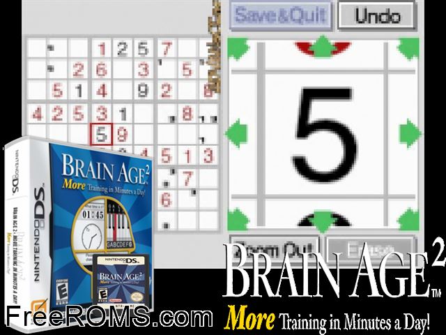 Brain Age 2 - More Training in Minutes a Day! NDS game showing 3D box cover and gameplay screenshot