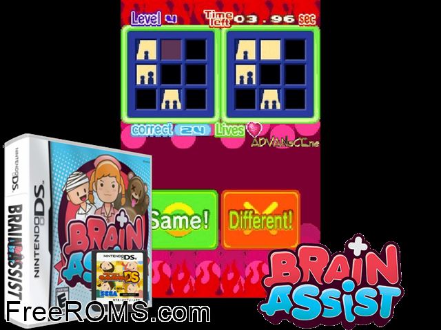 Brain Assist NDS game showing 3D box cover and gameplay screenshot