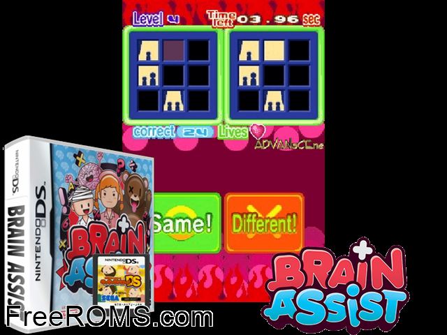 Brain Assist Europe NDS game showing 3D box cover and gameplay screenshot