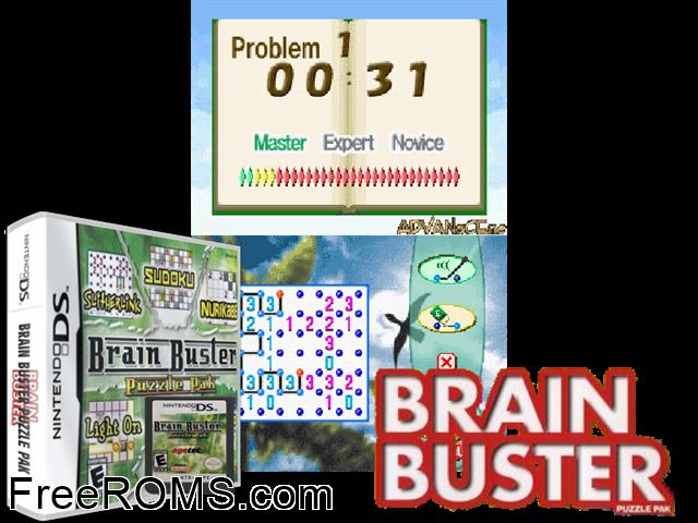 Brain Buster - Puzzle Pak Europe NDS game showing 3D box cover and gameplay screenshot