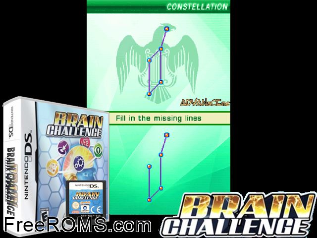 Brain Challenge NDS game showing 3D box cover and gameplay screenshot