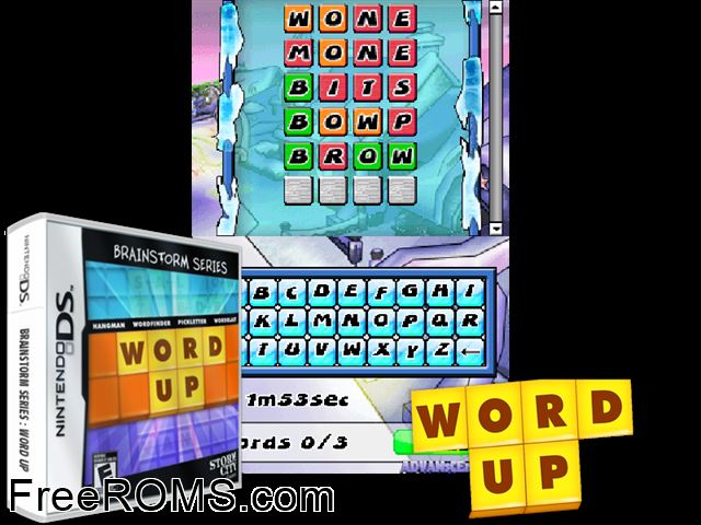 Brainstorm Series - Word Up NDS game showing 3D box cover and gameplay screenshot
