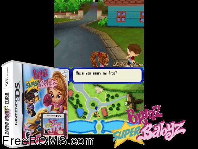 Bratz - Super Babyz NDS game showing 3D box cover and gameplay screenshot