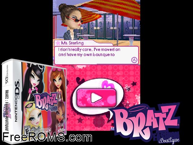 Bratz Fashion Boutique NDS game showing 3D box cover and gameplay screenshot